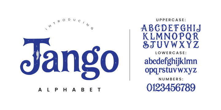 Jango royal blue ornate decorative display font with curly tail accents