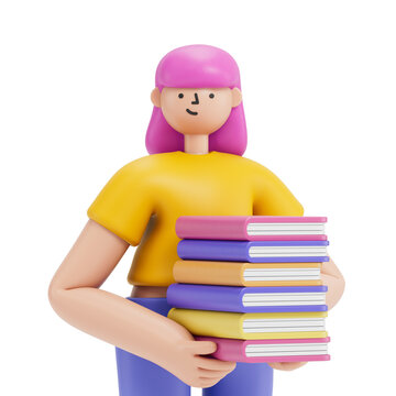 A woman holds a stack of colorful books