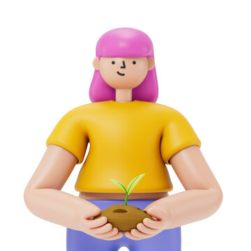 A woman cradles soil and a young plant