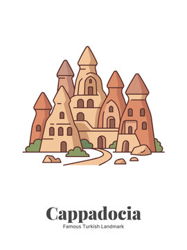 Cappadocia Turkey Flat Vector Poster Illustration of Famous Landmark with Hot Air Balloons and Rock Formations