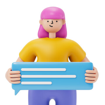 A woman holds a large speech bubble