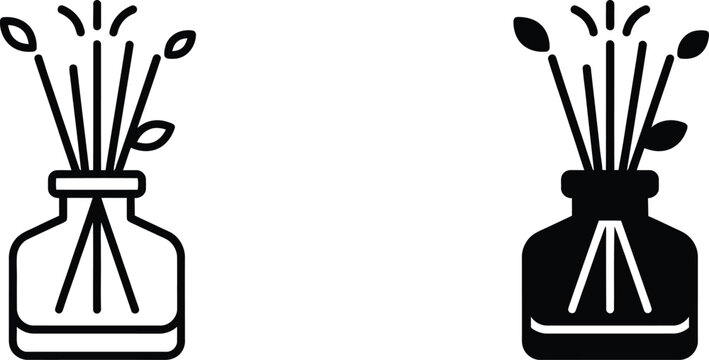 Two black and white line art illustrations of reed diffusers in glass bottles