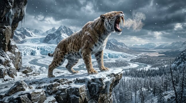 Prehistoric saber toothed cat roaring on snowy cliff edge