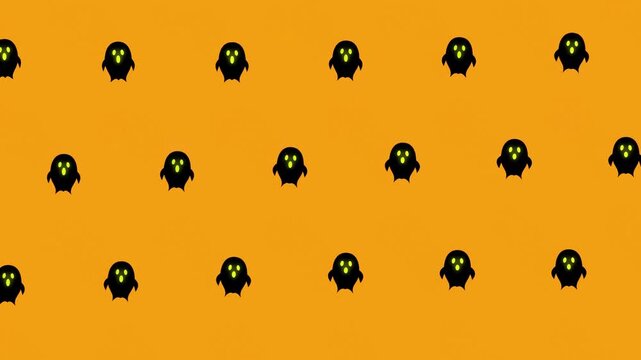 Halloween animation background with repeating spooky black ghost pattern on orange backdrop