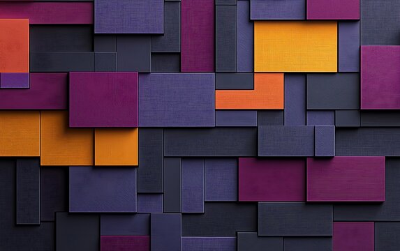 Abstract geometric pattern with purple, orange, and dark grey rectangles in varying sizes and depths, creating a textured, layered effect