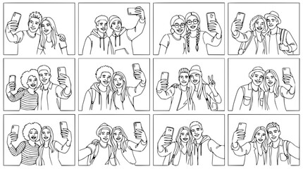 Fototapeta premium Group Selfie Line Art Collection: Friends Taking Photos Together