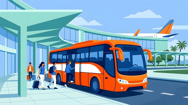 People boarding an orange tourist bus at an airport terminal with a parked airplane on the background