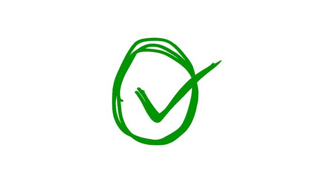 Green hand-drawn check mark inside circle animation, sketchy approval tick icon on white background