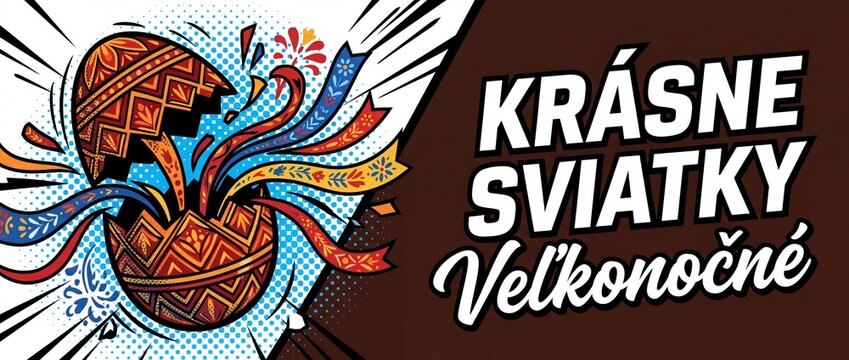 Easter egg banner graphic illustration with folk pattern ribbons bursting out in pop art comic style with Slovak greeting text Krasne Sviatky Velkonocne for holiday background design concept