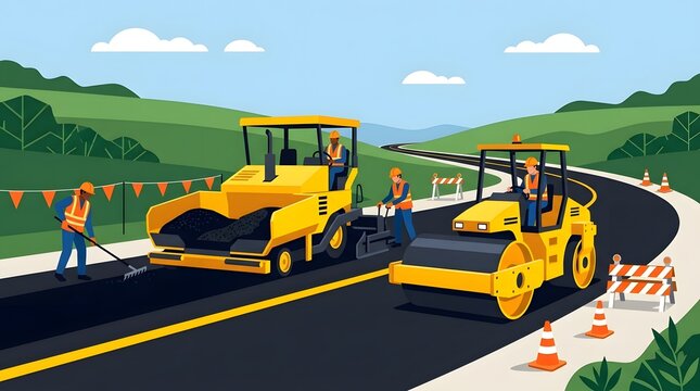flat vector illustration of workers paving a new asphalt road with yellow heavy machinery rollers and construction vehicles in a green landscape