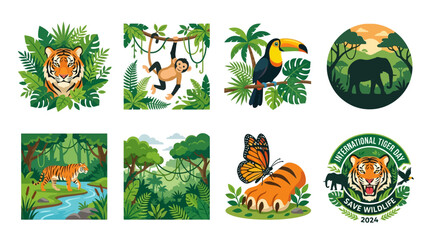 Fototapeta premium Jungle wildlife vector icon pack showcasing exotic animals like tigers, monkeys, and toucans amidst lush tropical rainforest foliage and natural habitats.