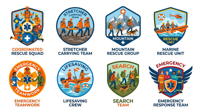 Emergency rescue badges featuring brave firefighters, medical paramedics, mountain guides, and marine units displayed in multiple round and shield emblems with detailed graphic illustrations.