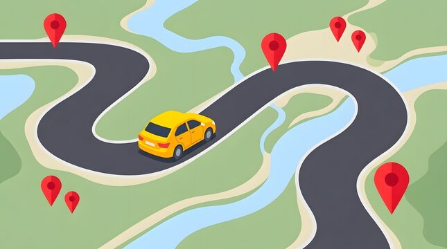 yellow car driving on winding road map vector illustration with red location pins and river landscape travel concept