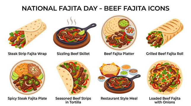 Beef fajitas presented in various dishes including wraps, skillets, and platters for national fajita day celebrations.