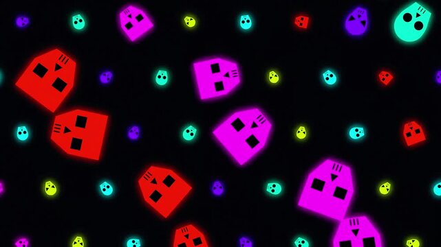 Neon glowing skulls seamless pattern background for Halloween animation and spooky party design