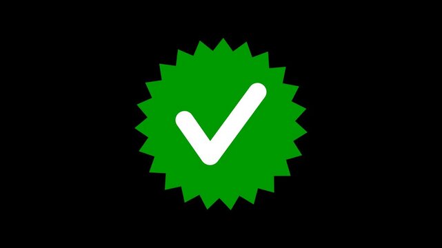 Green check mark badge animation, verified starburst checkmark icon on black background