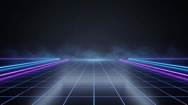 Empty neon grid stage in electric blue and violet futuristic cyber sale background