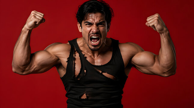 Powerful muscular man screaming and flexing his biceps in a torn tank top.
