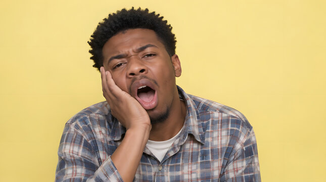 Young Black man yawning and looking tired in a plaid shirt.