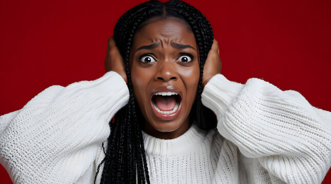 Shocked African American Woman Screaming with Hands on Head Against Red Background.