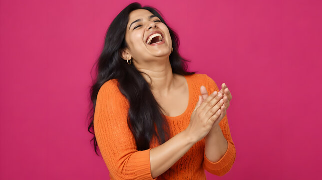 Joyful Indian woman laughing and clapping with genuine happiness.