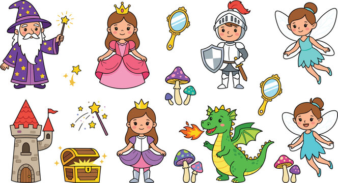 Cute Fairytale and Fantasy Storybook Vector Element Set featuring Cartoon Wizard Princess Knight Fairy Fire Breathing Dragon Castle and Golden Treasure Chest Graphics