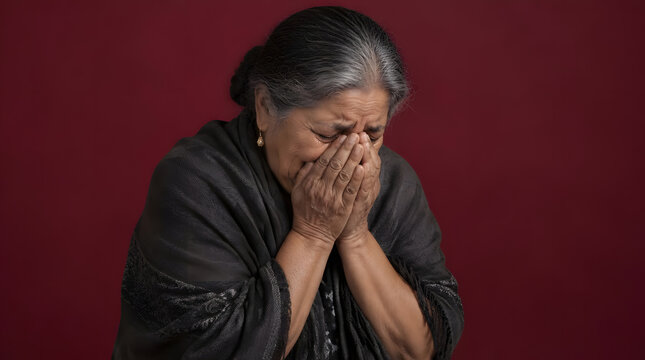 Elderly Indian woman crying with hands covering her face.