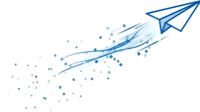 Paper airplane flying upward with blue motion trail and particle effect illustration isolated on white background