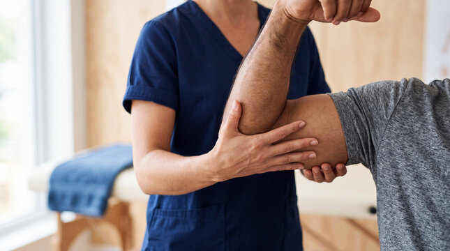 Physical therapist examining a male patient arm in a modern medical clinic