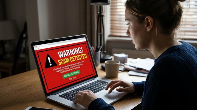 Woman encountering scam warning on laptop screen at home office desk