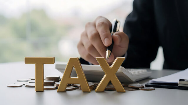 Professional signing tax documents with golden wooden letters on desk
