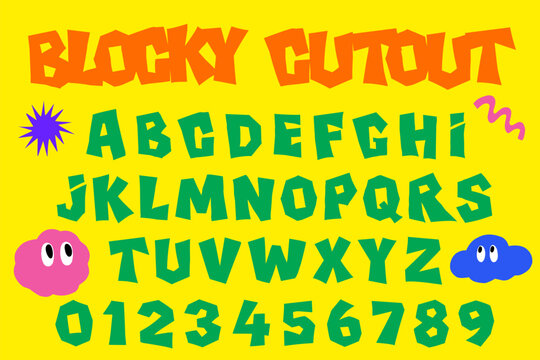 Bold Geometric Cutout Font Alphabet and Numbers Set with Quirky Retro Y2K Doodle Elements on Yellow Background.