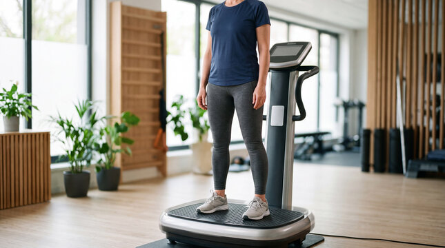 Woman exercising on a vibration plate machine inside a gym