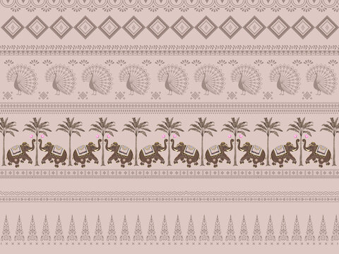 Boho Tribal Border Pattern with Elephants Palm Trees and Geometric Motifs