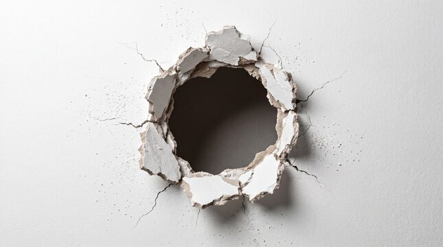 Realistic 3D render of a smashed hole in a white plaster wall with crumbling edges and cracks
