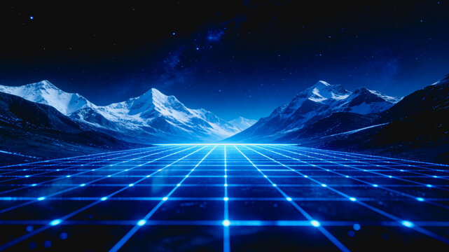 A futuristic glowing digital grid stretches across a valley, leading toward snow-capped mountains under a starry night sky, blending nature and technology.