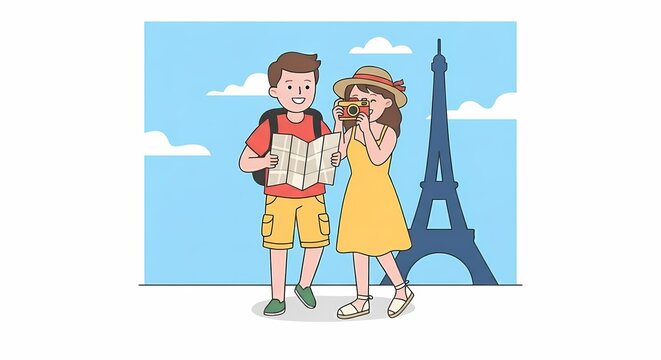 Tourist couple with map and camera in Paris