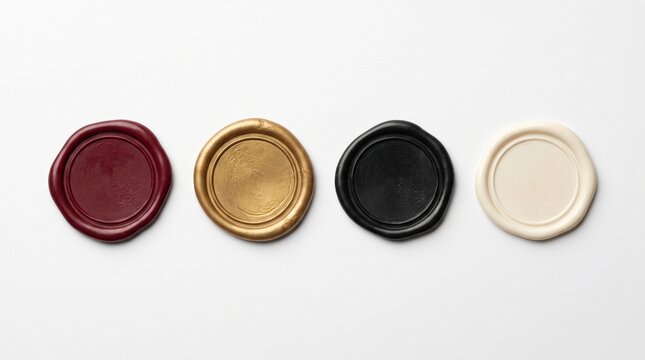 Four Blank Wax Seals in Red Gold Black and White Colors on White Background