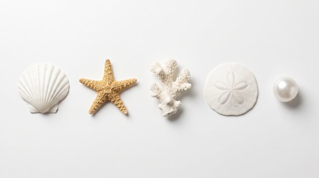 A collection of diverse marine elements including a seashell, starfish, coral, sand dollar, and pearl arranged in a row on a white background