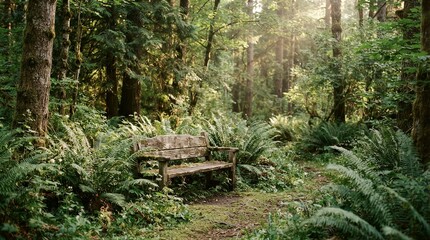 Obraz premium Wooden bench resting among ferns in shaded forest path