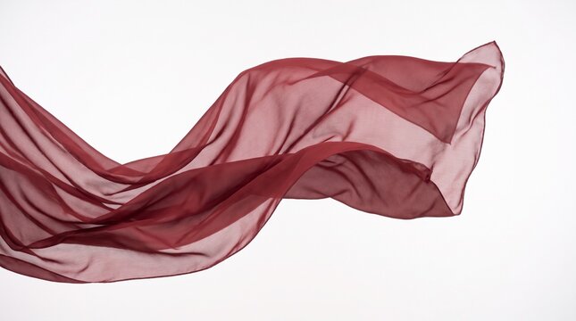 Elegant flowing burgundy chiffon fabric flying in motion isolated on white background