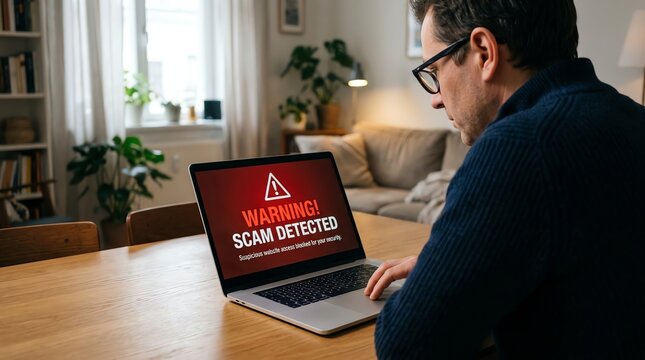 Man at home office desk encountering online scam alert on laptop