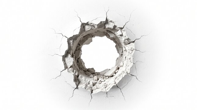 Dramatic circular hole torn through a pristine white wall, revealing destructive impact with radiating cracks and a clear void through the surface