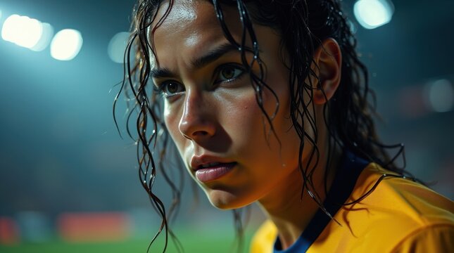 La mirada decidida de una futbolista profesional bajo el cabello empapado por la lluvia, antes del saque inicial