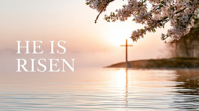He Is Risen Easter Resurrection Background with Christian Cross and Empty Tomb
