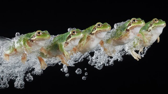 Frogs leaping in synchronized motion