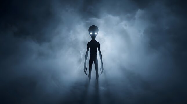 Mysterious alien figure in foggy atmospheric landscape