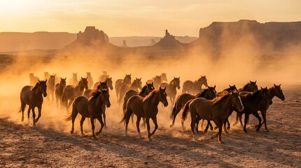 Fototapeta premium Wild horses running through desert landscape at sunset with dust clouds