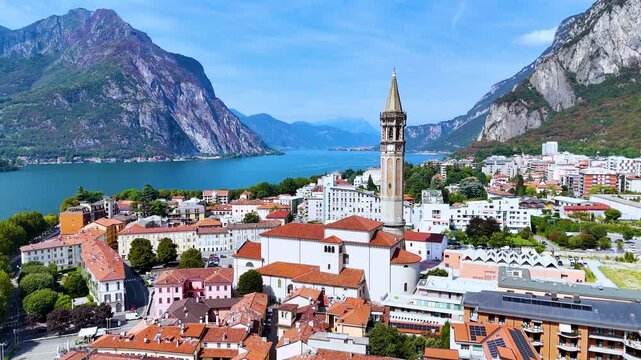 View of Lecco on the shore of Lake Como, Lombardy, Italy