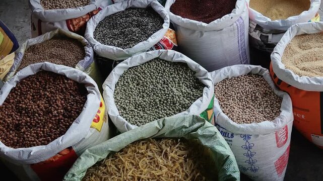 Large open sacks of diverse grains and pulses on display at a bustling traditional marketplace, showcasing the rich agricultural harvest, food supply chain, and local trade commerce.